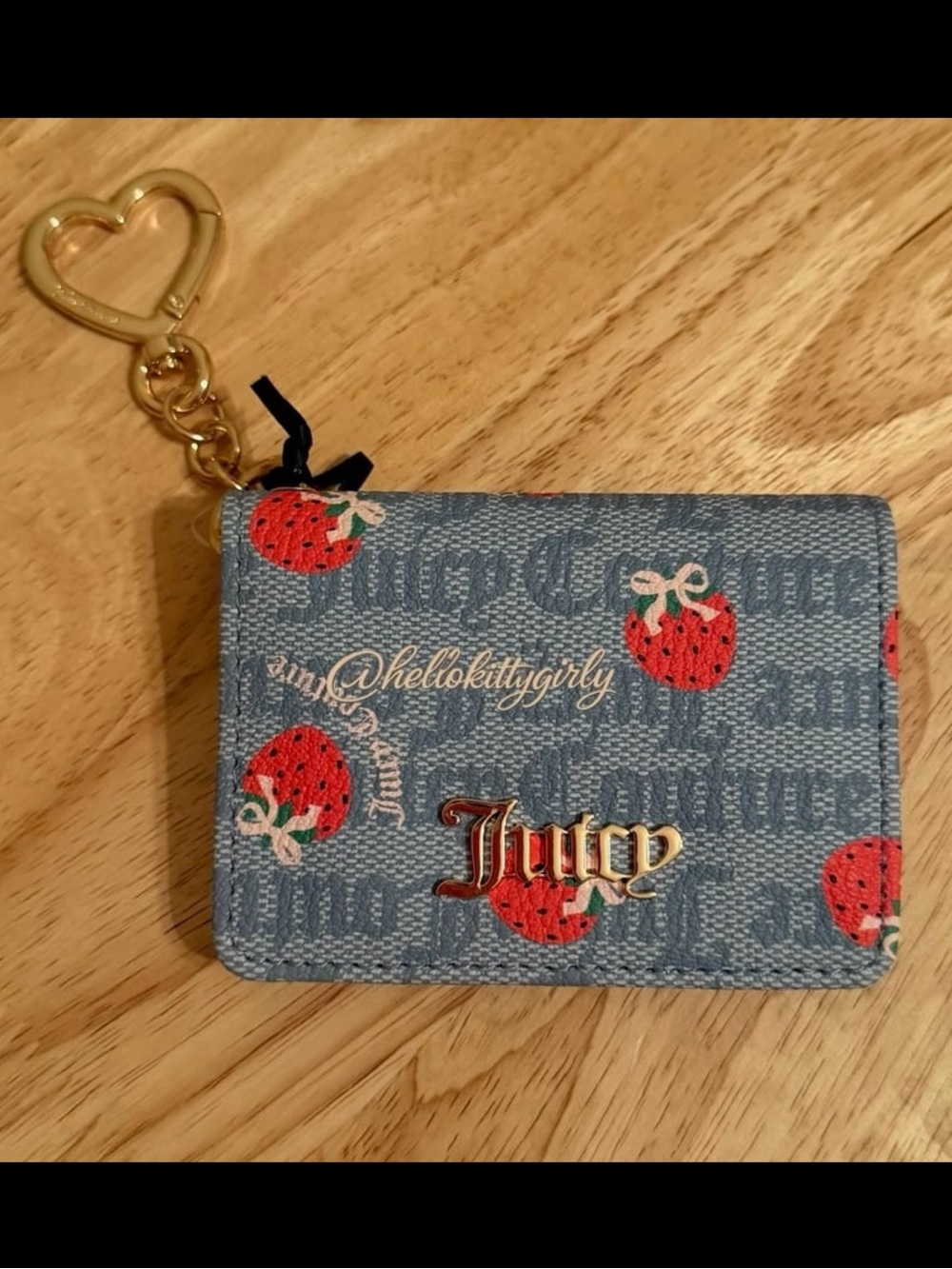 Juicy Couture Blue Strawberry Print Card Holder with Gold Hardware